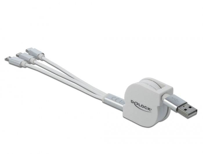 Einziehbares USB-Kabel mit drei Anschlüssen in Weiß. Markiert mit 'Delock'.