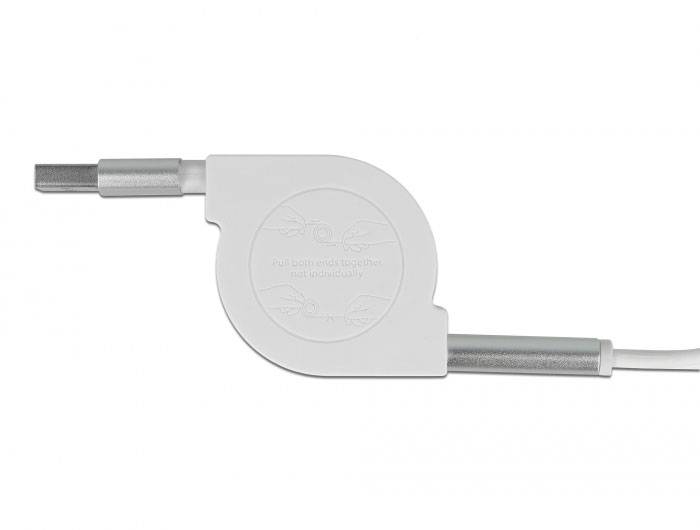 Ein weißes, einziehbares USB-Kabel mit silbernen Anschlussenden.