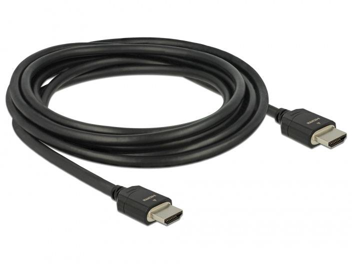 Schwarzes HDMI-Kabel mit zwei Steckern, aufgewickelt. Geeignet zur Verbindung von Audio- und Videogeräten.