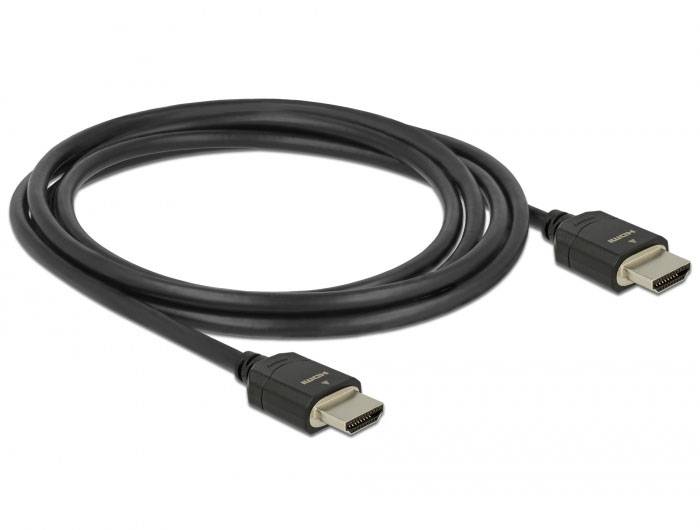 Schwarzes HDMI-Kabel mit zwei Steckern, geeignet für die Übertragung von Audio- und Videosignalen zwischen Geräten wie Fernsehern und Computern.