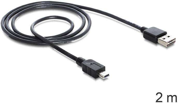 Langes schwarzes USB-Kabel mit USB-A-Stecker auf der einen Seite und Micro-USB-Stecker auf der anderen, Länge 2 Meter.