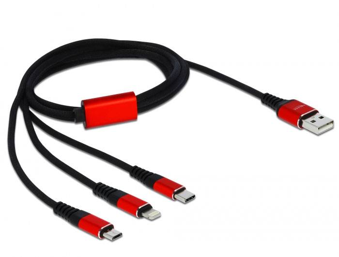 Ein rotes Mehrfachladekabel mit einem USB-Anschluss und drei verschiedenen Anschlüssen: USB-C, Mikro-USB und Lightning.