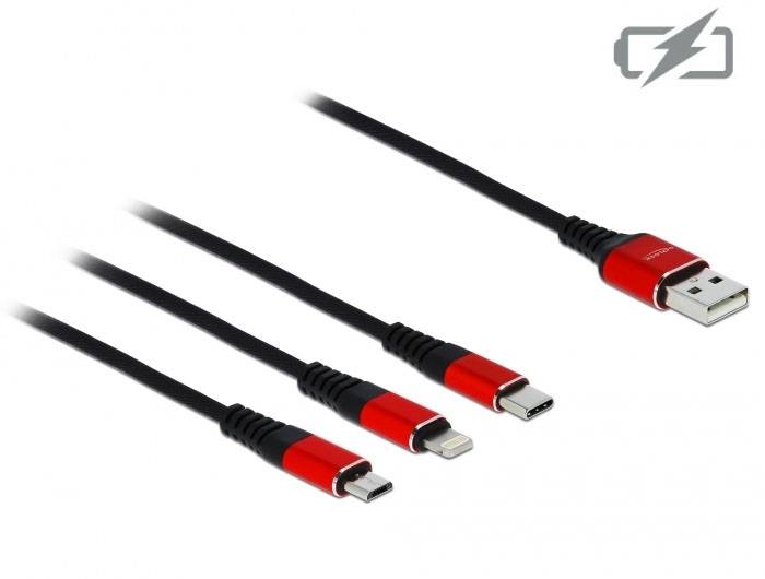 Drei Ladekabel mit verschiedenen Anschlüssen: Mikro-USB, Lightning und USB-C, verbunden mit einem USB-A-Stecker, in rot-schwarz.