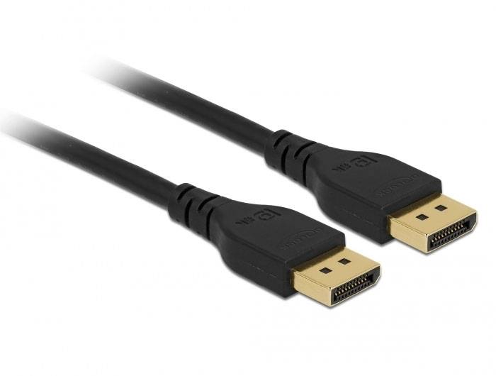 Zwei schwarze DisplayPort-Kabel mit vergoldeten Steckern; werden zur Verbindung von Monitor und Computer genutzt.