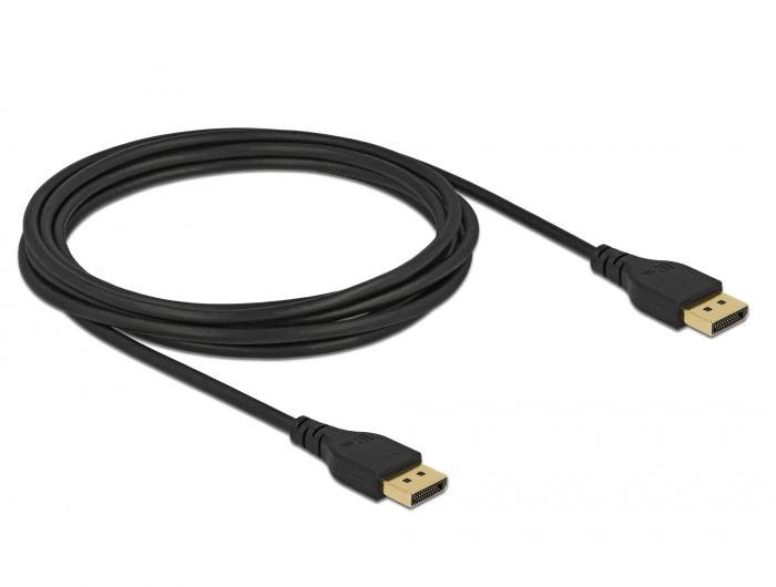Schwarzes DisplayPort-Kabel mit zwei Anschlüssen, geeignet für die Übertragung von Videosignalen zwischen Computer und Monitor.