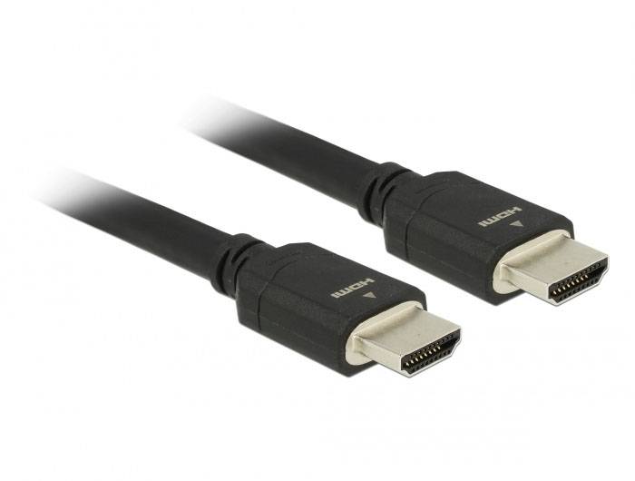 Ein schwarzes HDMI-Kabel mit zwei Anschlüssen, beide Enden zeigen in dieselbe Richtung.