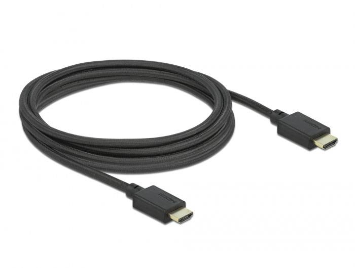 Schwarzes HDMI-Kabel mit zwei Standardsteckern, geeignet für die Übertragung von Bild und Ton in hoher Qualität zwischen Geräten.