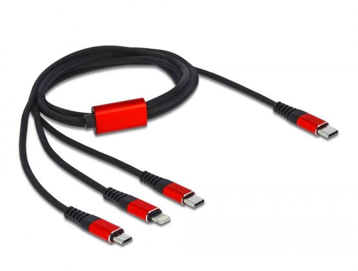 Ladekabel mit USB-C-Stecker und drei verschiedene Anschlussmöglichkeiten: USB-C, Micro-USB und Lightning, vor weißem Hintergrund.
