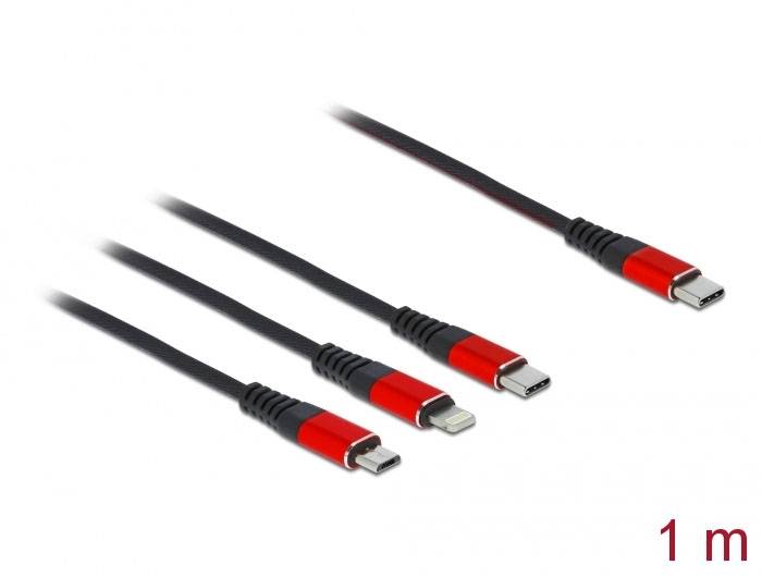 Vier verschiedene Ladekabel mit USB-C, Lightning und Micro-USB Anschlüssen in schwarz-roter Farbe, Länge 1 Meter.