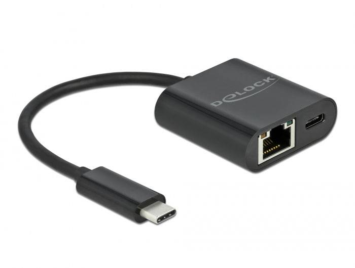 Ein schwarzer Adapter mit USB-C-Stecker, Ethernet- und USB-C-Anschluss. Markiert mit 'Delock' auf der Oberseite.