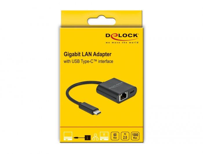'Gigabit LAN Adapter mit USB Type-C Schnittstelle' in gelber Verpackung. Eignet sich zur Verbindung von Geräten mit LAN über USB-C.