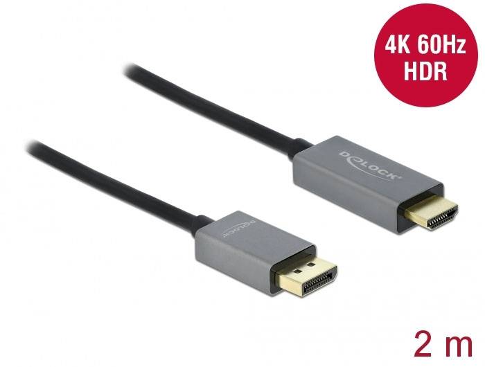 DisplayPort-zu-HDMI-Kabel, 2 Meter, unterstützt 4K 60Hz und HDR. Kabel hat graue Anschlüsse mit Markenlogo.