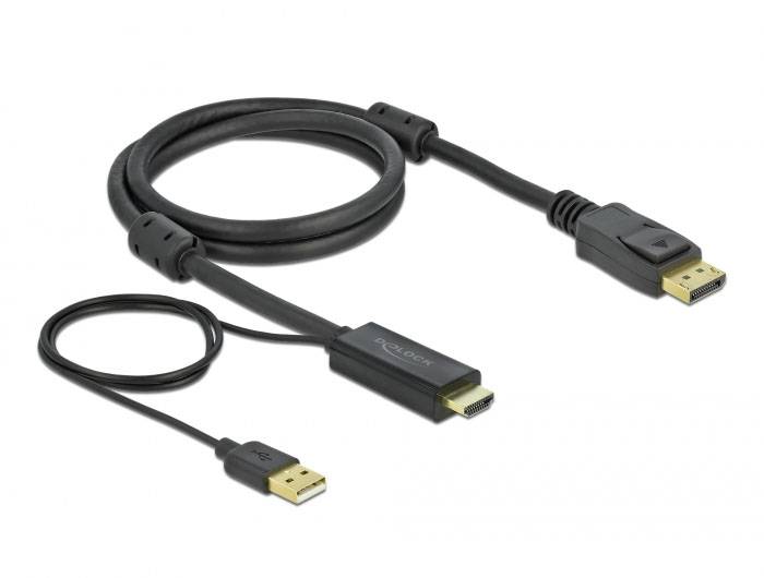 Schwarzes USB-zu-HDMI-Kabelset bestehend aus einem kurzen USB-Kabel und einem längeren HDMI-Kabel, verbunden für Audio- und Videoübertragung.