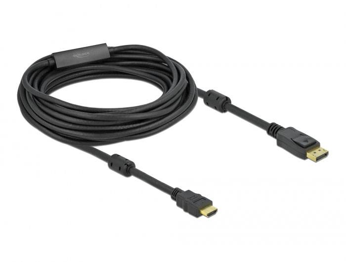 Langes schwarzes Kabel mit einem HDMI-Stecker an einem Ende und einem DisplayPort-Stecker am anderen Ende, für Videoverbindungen.