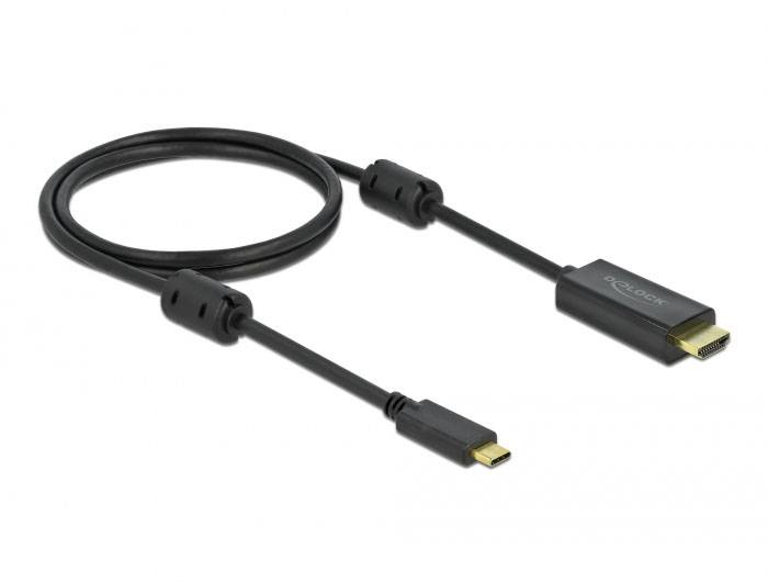 Ein schwarzes Kabel mit USB-C-Anschluss auf der einen Seite und HDMI-Anschluss auf der anderen Seite, geeignet für Videoverbindung.