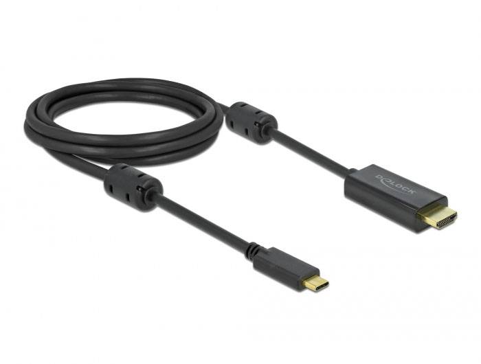 Schwarzes HDMI-zu-Mini-HDMI-Kabel, etwa zwei Meter lang, mit Ferritkernen an beiden Enden zur Signalunterdrückung.