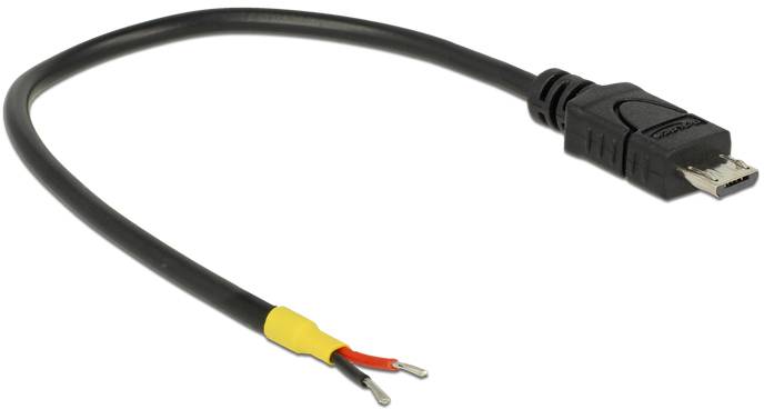 Ein schwarz-gelbes Micro-USB-Kabel mit abgeschnittenem Ende, das freiliegende rote und schwarze Drähte zeigt.