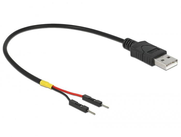 USB-Kabel mit zwei offenen Jumper-Drähten am anderen Ende, verwendbar für elektronische Verbindungen und Projekte.