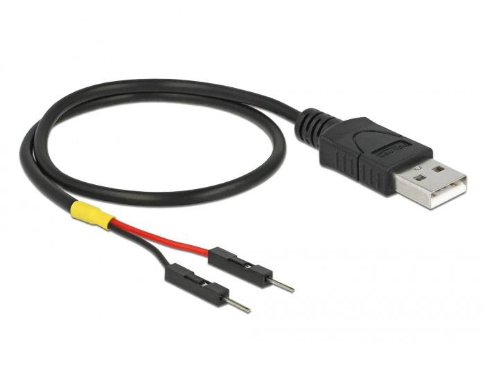 Ein USB-Kabel mit zwei offenen Enden, einem roten und einem schwarzen Draht.