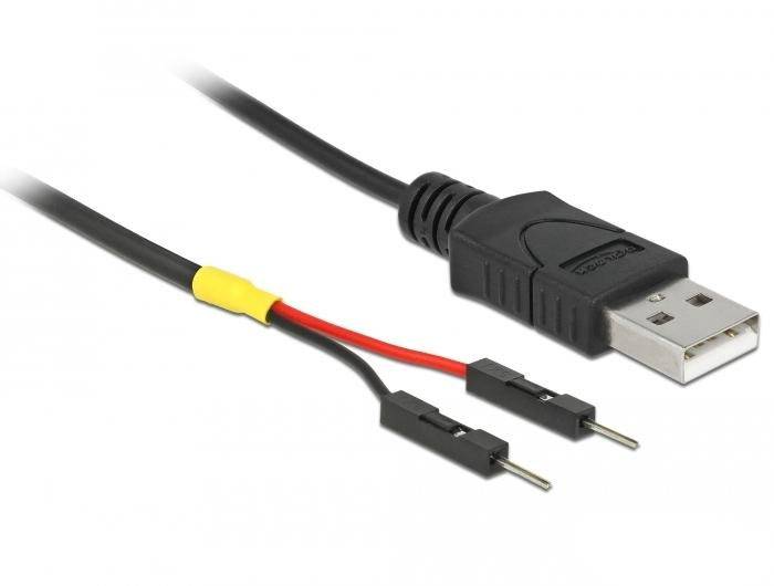 USB-Kabel mit zwei Drahtenden, rot und schwarz mit Metallspitzen, zum Anschluss an elektronische Geräte.