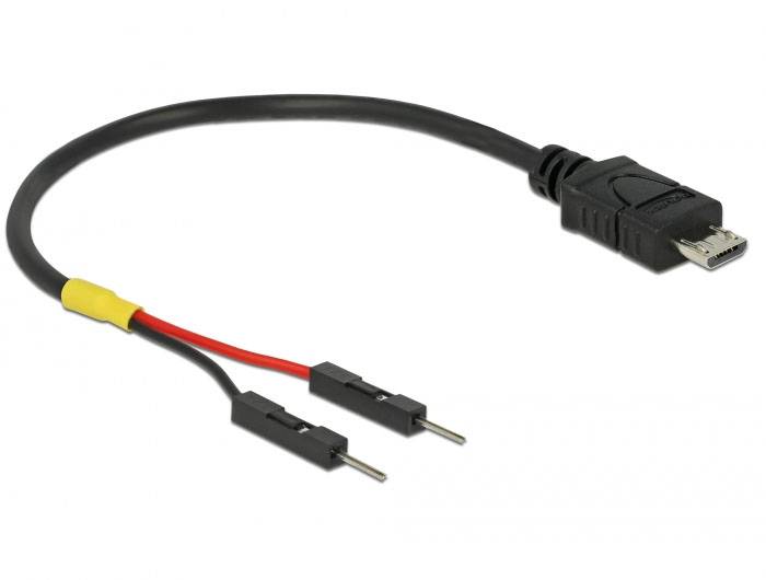 Ein Kabel mit Micro-USB auf einer Seite und zwei offenen Stift-Verbindern (rot und schwarz) auf der anderen Seite, ideal für DIY-Elektronikprojekte.