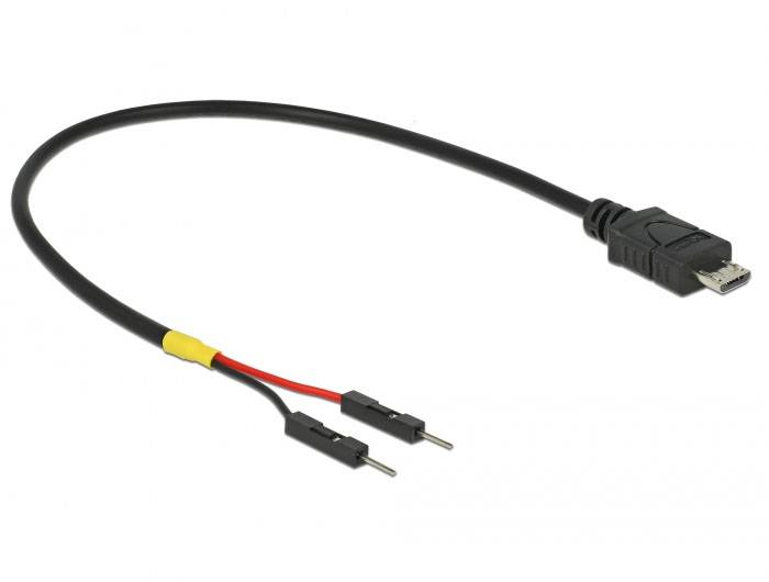 Schwarzes Kabel mit einem USB-Stecker auf der einen Seite und zwei offenen Enden mit Steckverbindungen für elektrische Schaltungen.