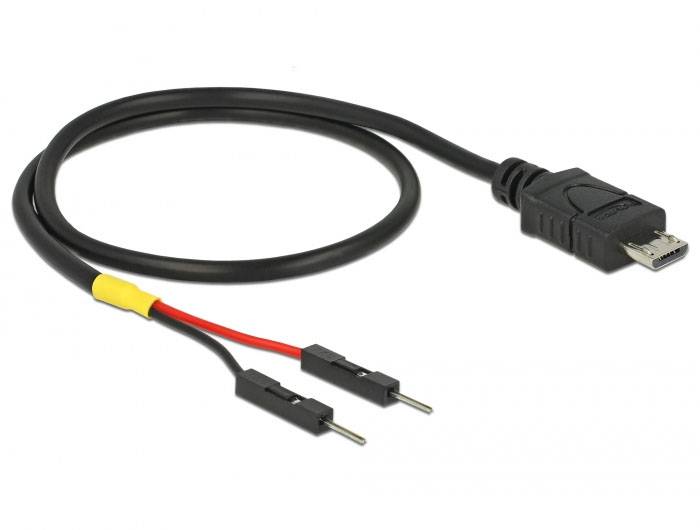 Ein schwarzes USB-Kabel mit zwei offenen Enden, eines schwarz und eines rot, geeignet für elektronische Verbindungen oder Stromversorgung.