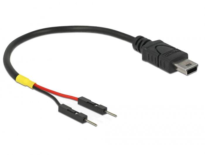 Ein schwarzes Kabel mit einem Mini-USB-Stecker auf der einen Seite und zwei Dupont-Steckern auf der anderen Seite.