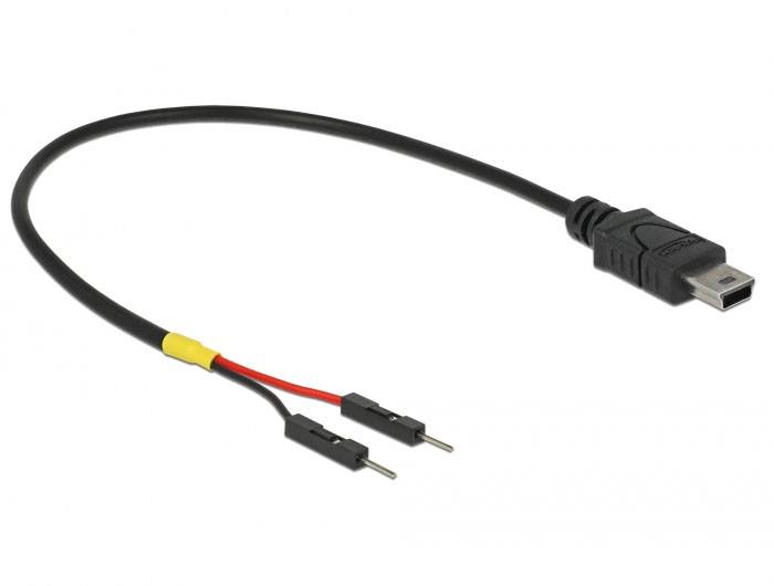 USB-Kabel mit Mini-USB-Stecker auf der einen Seite und zwei offenen Enden in Schwarz und Rot auf der anderen Seite.