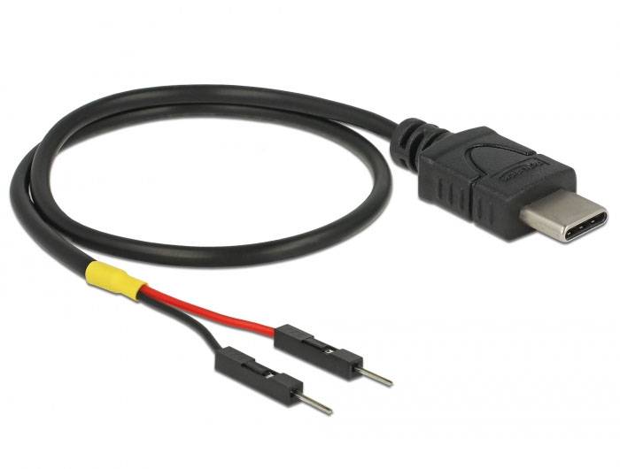 USB-C-Adapterkabel mit zwei Stiftanschlüssen am anderen Ende, zur Verbindung von Geräten mit unterschiedlichen Anschlussstandards.