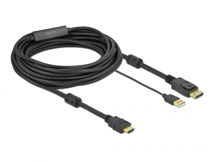 Ein langes, schwarzes HDMI-Kabel mit zwei verschiedenen Anschlüssen: HDMI und USB. Geeignet für Verbindung von Geräten.
