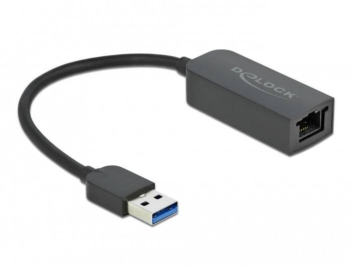 Ein schwarzer USB-3.0-zu-Ethernet-Adapter mit einem Kabel verbindet ein USB-Stecker mit einem Ethernet-Anschluss, ideal für Netzwerkverbindungen.