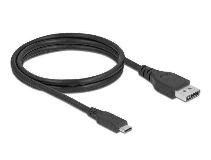 Schwarzes USB-C-zu-DisplayPort-Kabel, geeignet zum Verbinden von Computern mit Monitoren für hochauflösende Video-Übertragungen.