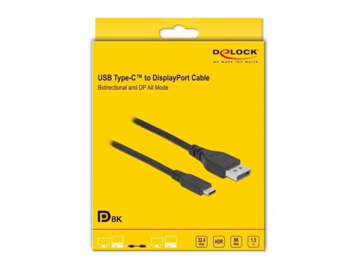 Kabelverpackung von Delock für ein USB Type-C zu DisplayPort-Kabel, unterstützt 8K, HDR, 32,4 Gbit/s.