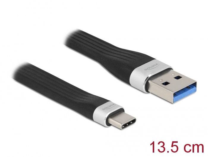 USB-Kabel mit USB-A- und USB-C-Anschlüssen, schwarz, mit einer Länge von 13,5 cm.