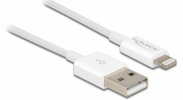Weißes USB-auf-Lightning-Kabel zum Aufladen und Datenaustausch zwischen Geräten.
