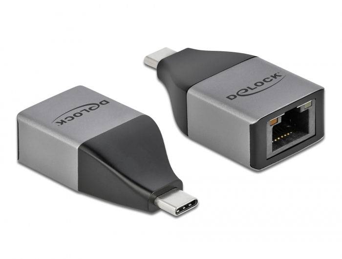 USB-C-zu-Ethernet-Adapter in Silber und Schwarz. Links zeigt die USB-C-Seite, rechts den Ethernet-Anschluss. Geeignet für Netzwerkverbindungen.