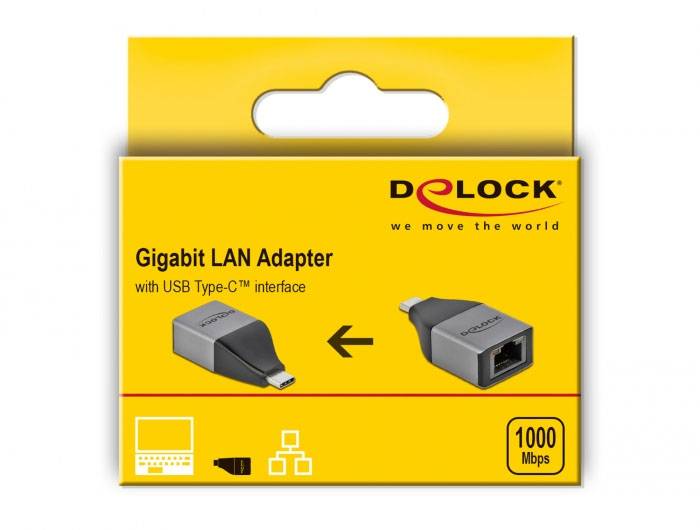 'DELOCK Gigabit LAN Adapter mit USB Type-C Schnittstelle' auf gelber Verpackung. Abbildungen des Adapters. Text: '1000 Mbps'.