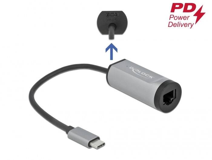Adapter mit USB-C- und Ethernet-Anschluss, unterstützt Power Delivery.