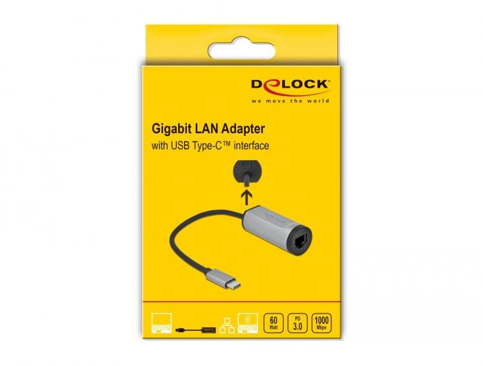 Gigabit LAN Adapter mit USB Type-C Schnittstelle. Verpackung zeigt Adapter mit USB-C-Anschluss, geeignet für 1000 Mbit/s Verbindungen.