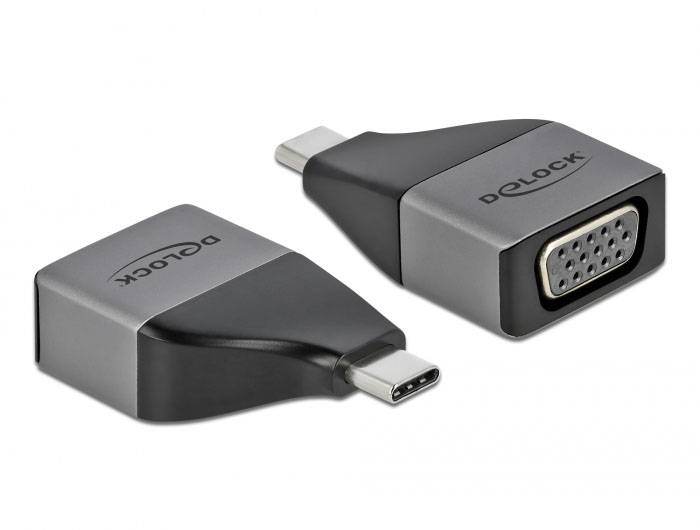 Zwei Adapter von USB-C zu VGA, Silber und Schwarz, mit 'Delock'-Logo auf der Oberseite. Sie ermöglichen den Anschluss eines VGA-Kabels an ein USB-C-Gerät.