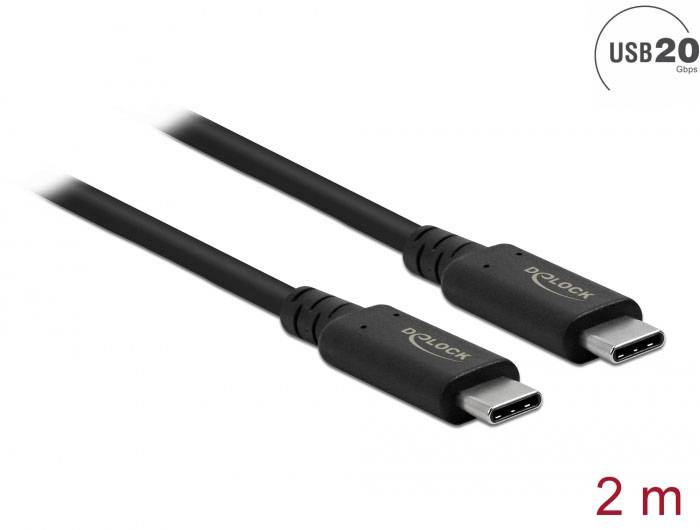 Zwei schwarze USB-C-Kabel mit einem Aufdruck 'Delock', Länge 2 Meter, unterstützen Datenübertragungen bis zu 20 Gbps.