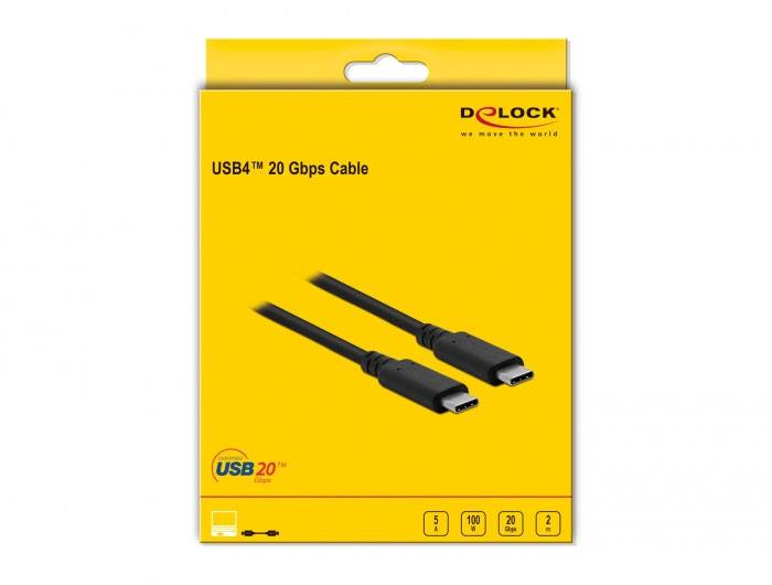 Delock USB4-Kabel, 20 Gbps, schwarzes Design, USB-C-Anschlüsse, auf gelber Verpackung dargestellt. Kompatibilitätssymbole unten.