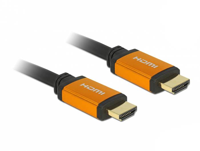 Zwei HDMI-Kabel mit orangefarbenen Steckern auf weißem Hintergrund, verwendet zur Übertragung von Audio- und Videodaten.