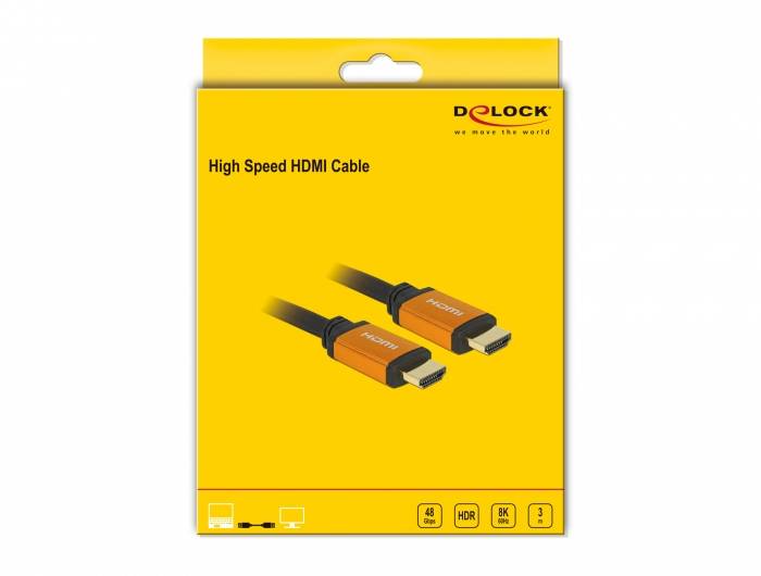 Verpackung eines 'High Speed HDMI Cable' von Delock. Zeigt zwei orange HDMI-Stecker und Symbole für 4K, 3D und Ethernet-Kompatibilität.