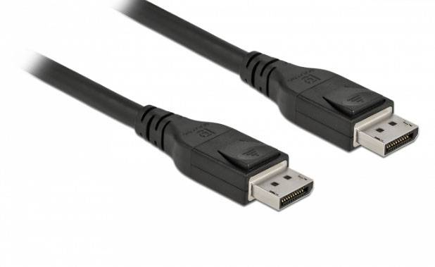 Zwei schwarze DisplayPort-Kabel mit Steckern, die Daten und Videosignale übertragen.