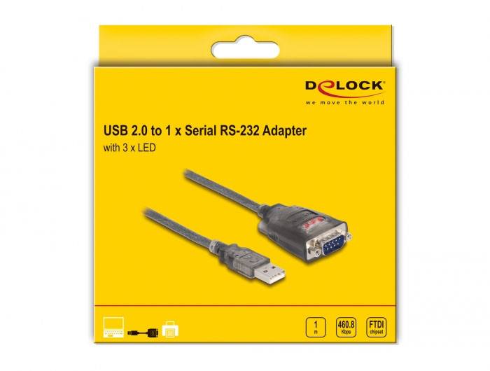 USB 2.0 zu 1x Serielle RS-232 Adapter mit 3 LEDs, Abbildung eines Adapters mit USB- und 9-poligem seriellen Anschluss, DELOCK-Logo.