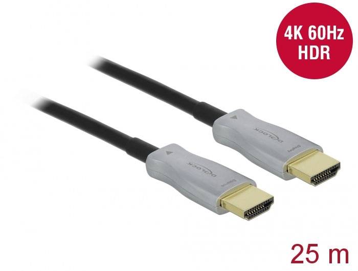 Zwei HDMI-Kabel mit silbernen Steckern. Roter Kreis mit '4K 60Hz HDR'. Text unten rechts: '25 m'.