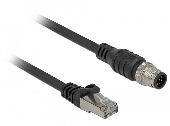 Ein Ethernet-Kabel mit RJ45-Stecker auf einer Seite und einem M12-Stecker auf der anderen für industrielle Anwendungen.