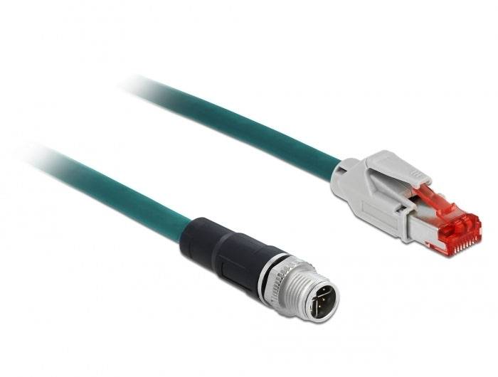 Industriekabel mit grünem RJ45-Stecker und schwarzem M12-Stecker, für robuste Netzwerkanwendungen in industriellen Umgebungen.